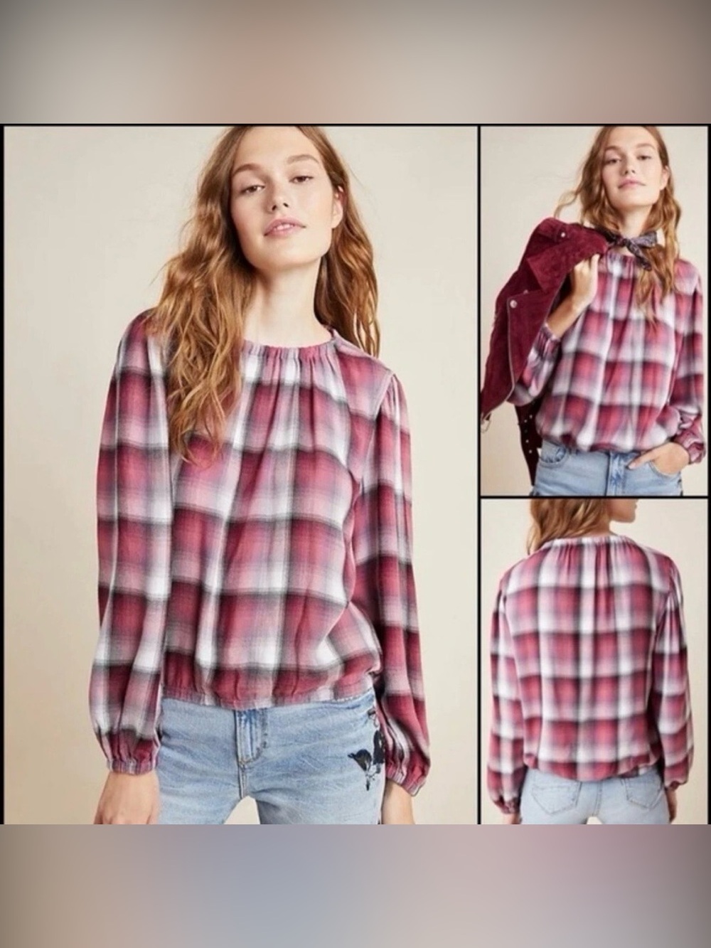 Anthropologie Cloth and Stone Glacier Plaid Elastic Cuff Blouse
